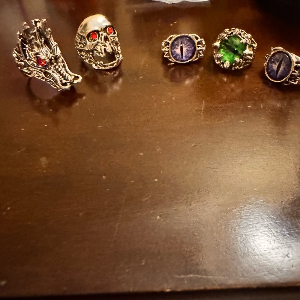 Silver Gothic Rings with Red and Green Accents